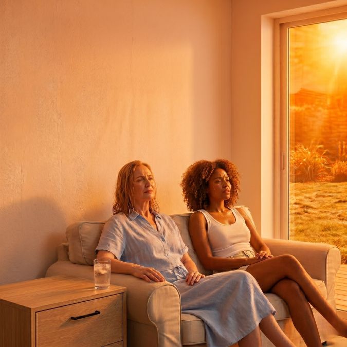 Two women sitting on a sofa during a European summer heatwave, with intense orange sunlight pouring through the window and no cooling device in the room — visibly uncomfortable in the warm air